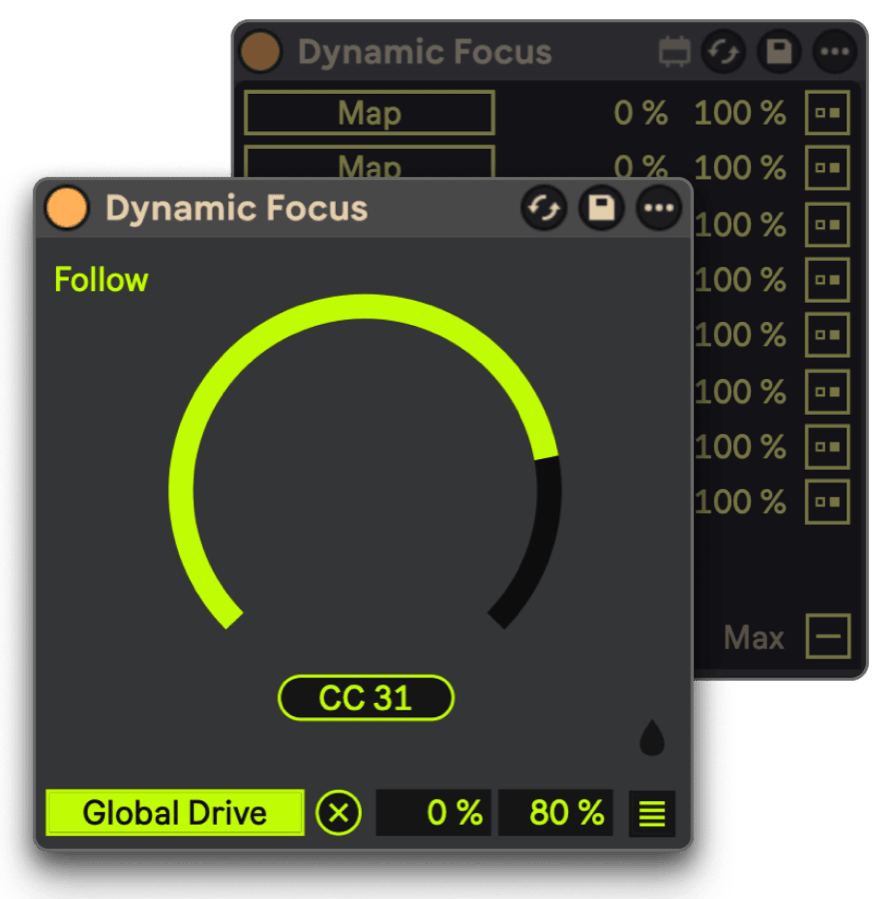 Dynamic Focus device showing a large dial with its live value, in its lime and spring green skins