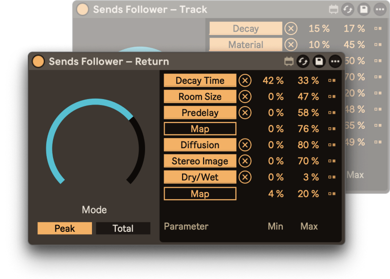 Sends Follower Max for Live device mapped to an LFO